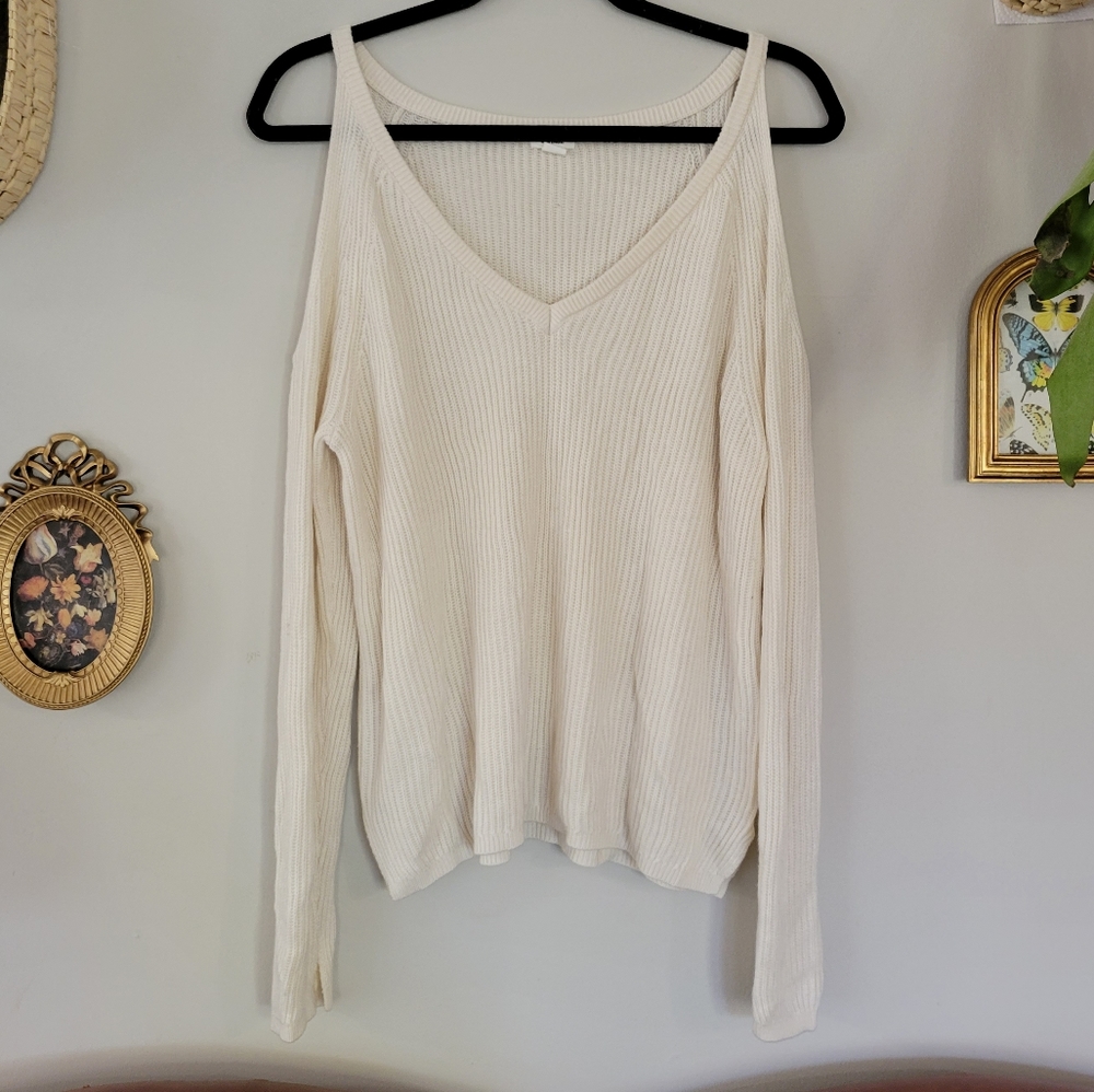 Cold shoulder lightweight vneck garage sweater knit long sleeve cream